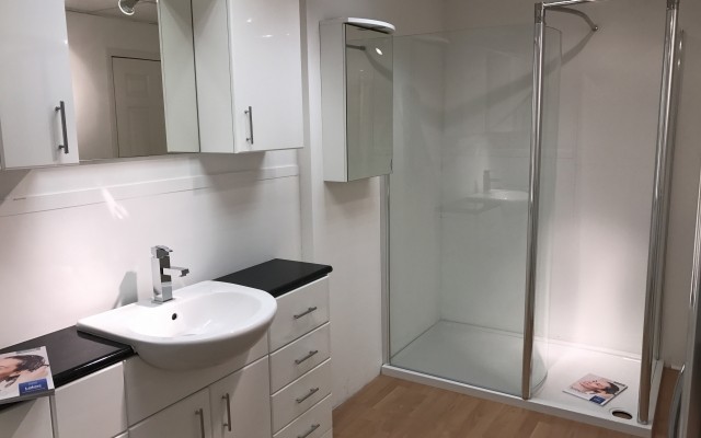 08 - Newline Bathroom Showroom - Shower Enclosure with hinged door, LED Mirrored Cabinet and Fitted Vanity Basin Unit
